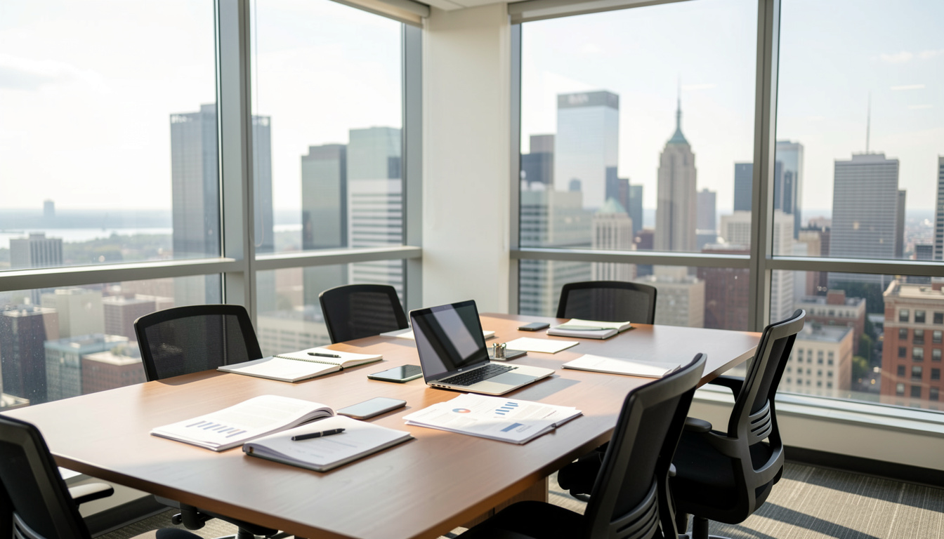 A modern office meeting room with a large window overlooking a city skyline, natural daylight illuminating a table with business documents and a laptop, medium shot.