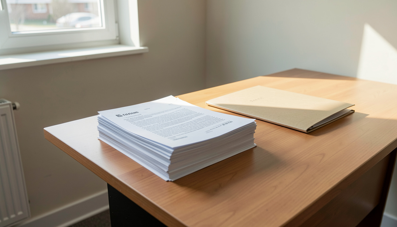 A plain wooden desk in a small office, a stack of printed legal documents and a closed folder under a single window's afternoon light, shot from a slight angle with the papers in sharp focus.