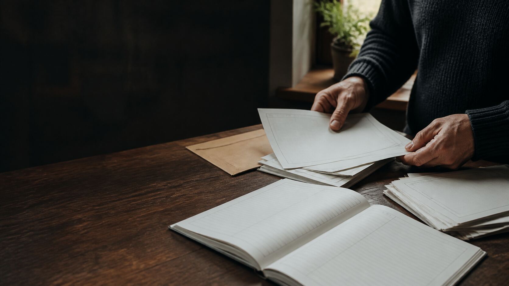 An overhead founder worktable with a compass, calculator, blank planning sheets, and colored document tabs