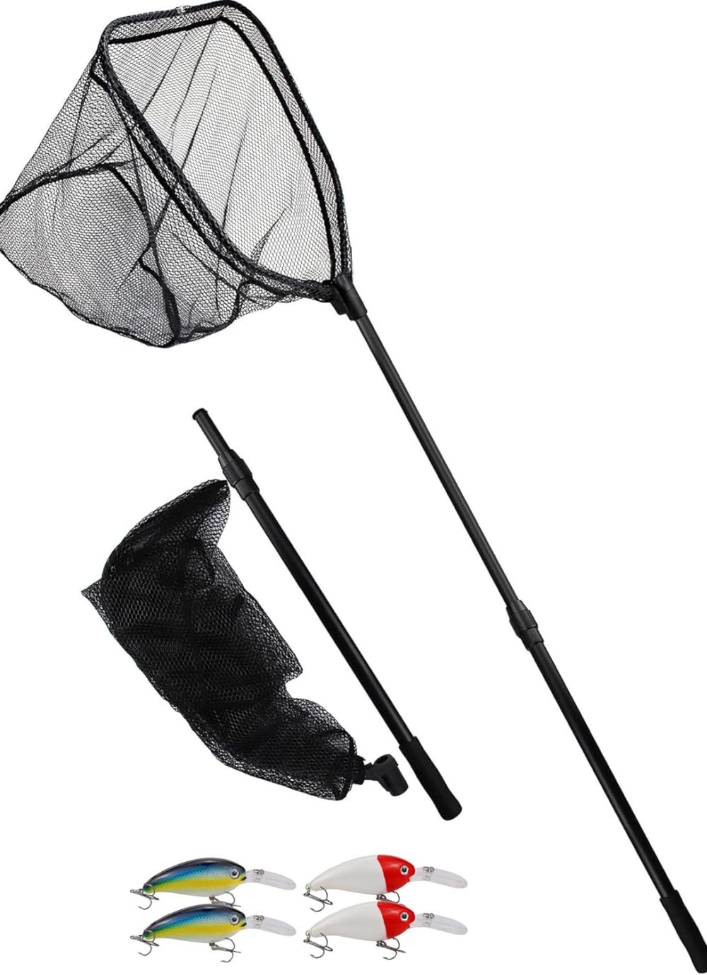 Large Fishing Net with Handle Rubber Fishing Net Telescoping Handle Saltwater Fishing Landing Net with 4pcs Crankbaits for Bass Fishing Fish Net Extends to 72.8inch Holds 44lbs